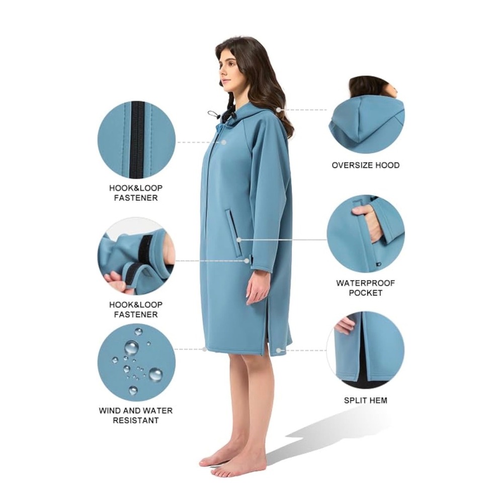 Yinayman Unisex Oversized Swim Parka Waterproof Fleece Lined Changing Robe Blue - Picture 4 of 6